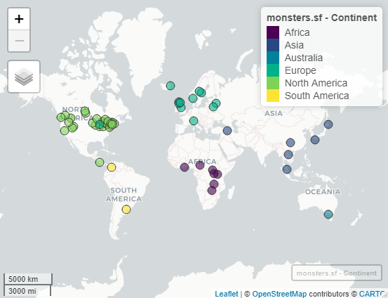 Map of monster locations by continent