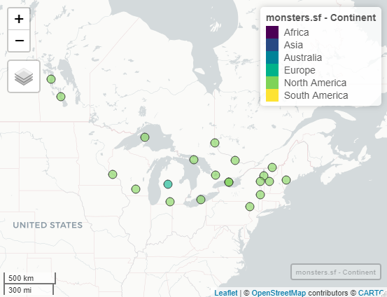 Map of monster locations by continent zoomed in to the Great Lakes