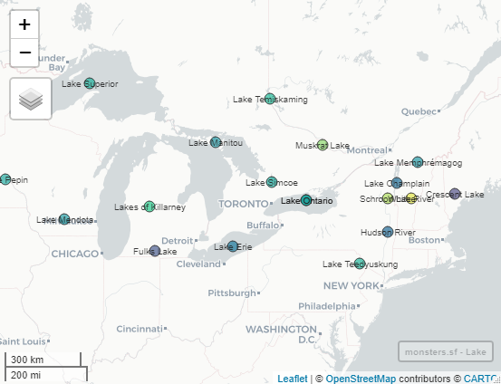 Map of monster locations by lake name zoomed in to the Great Lakes