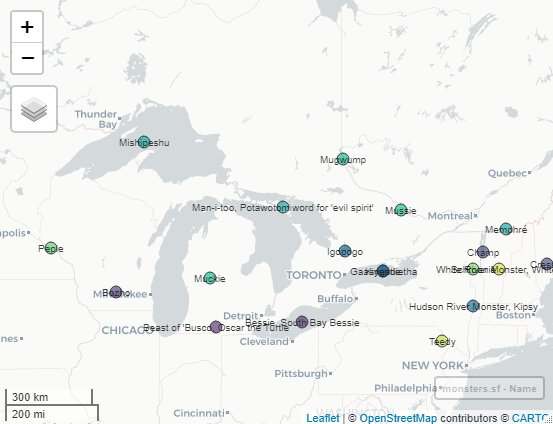 Map of monster locations by monster name zoomed in to the Great Lakes