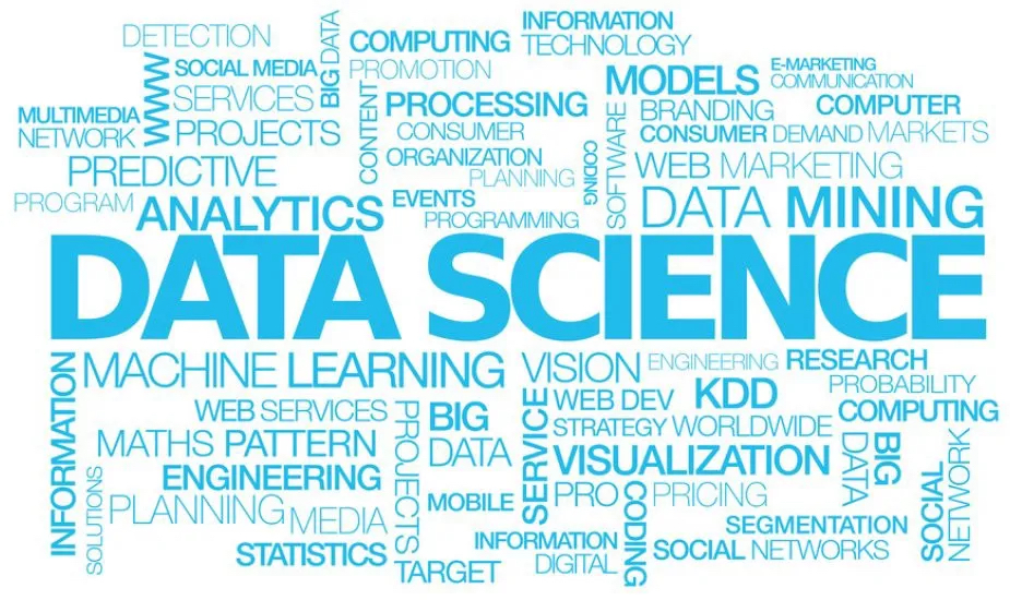 Word cloud of terms in blue text relating to data science, with 'data science' in the center with the largest font size by The Data Scientist