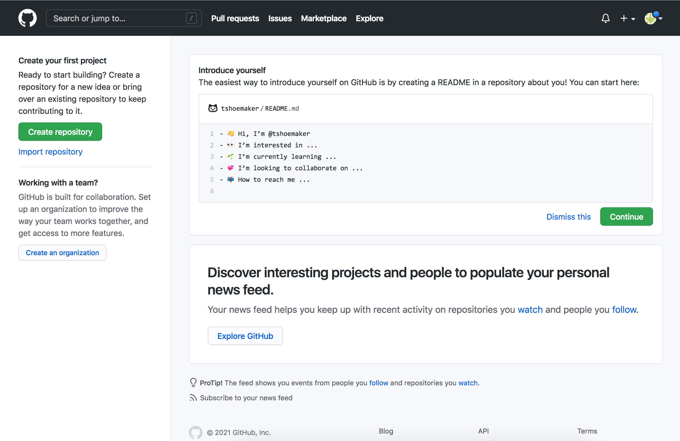 A newly created GitHub account page.