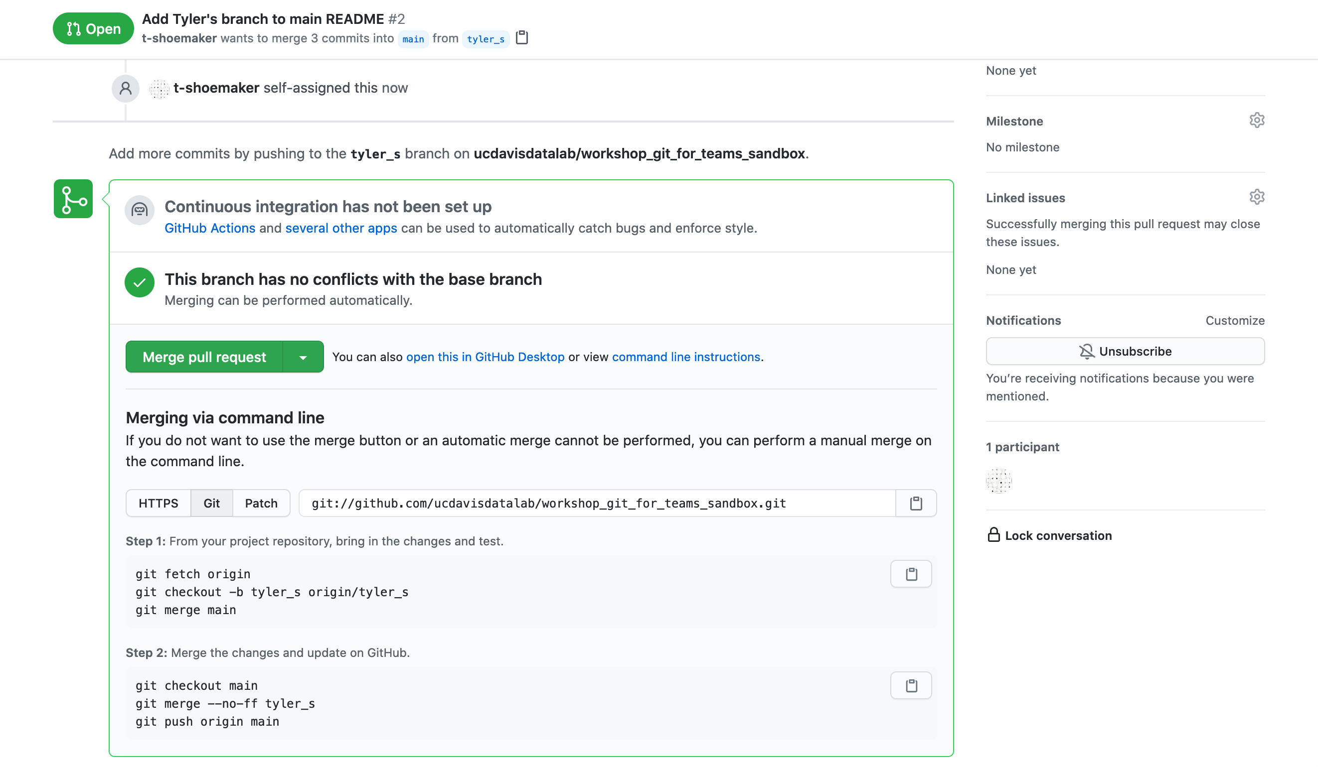 A pull request on GitHub that is ready to be merged.