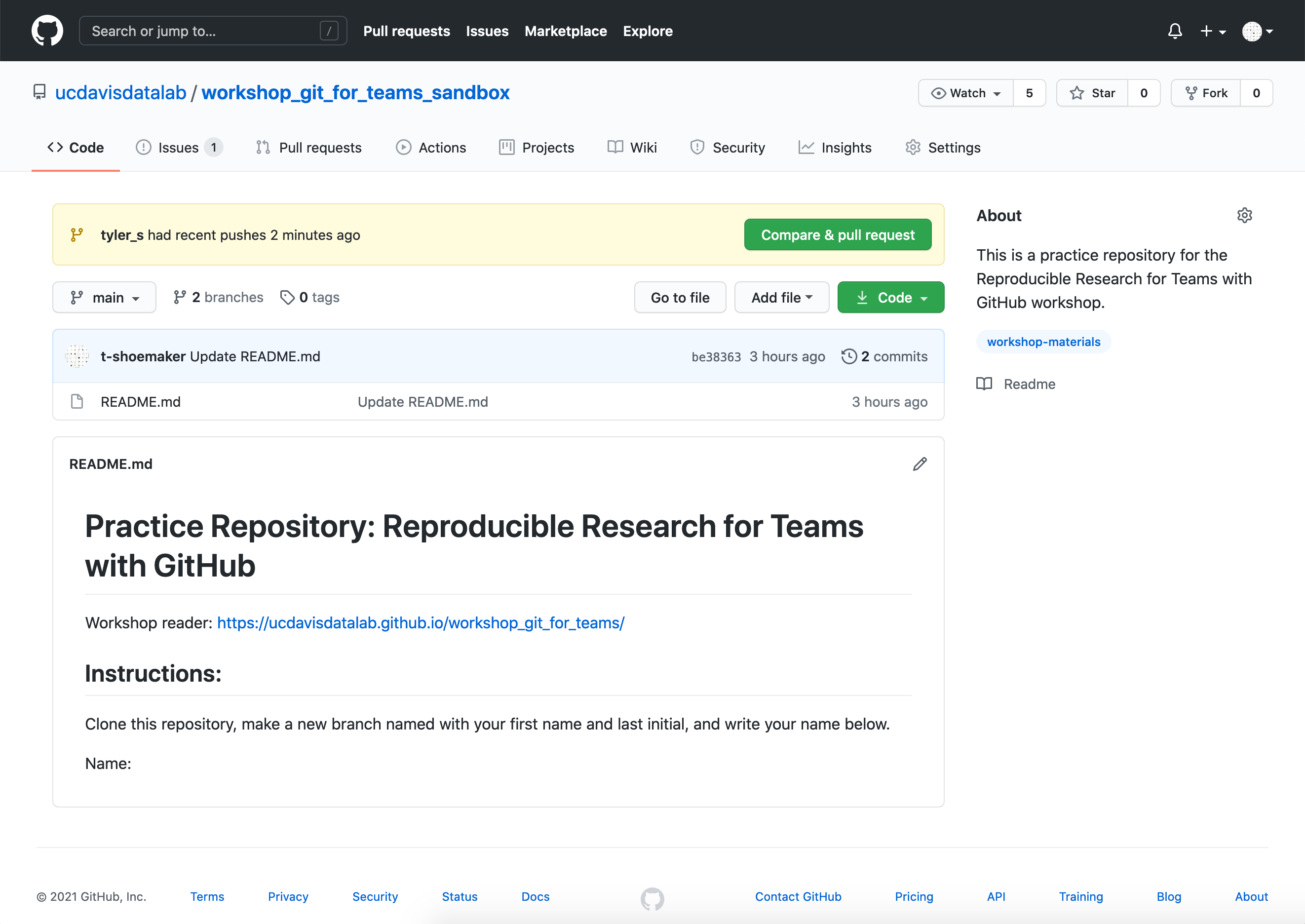 The sandbox repository with a message showing recent pushes to the tyler_s branch.