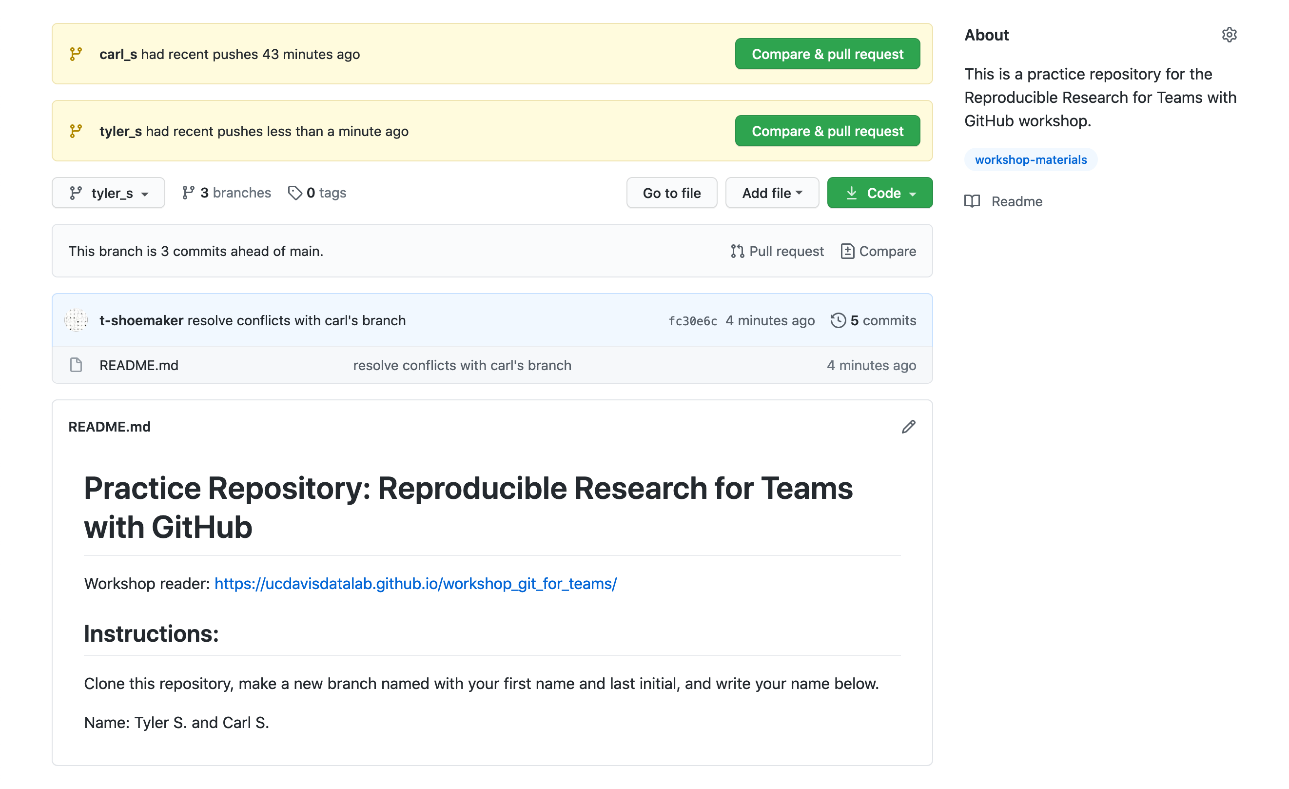A README.md file showing the new changes on GitHub.