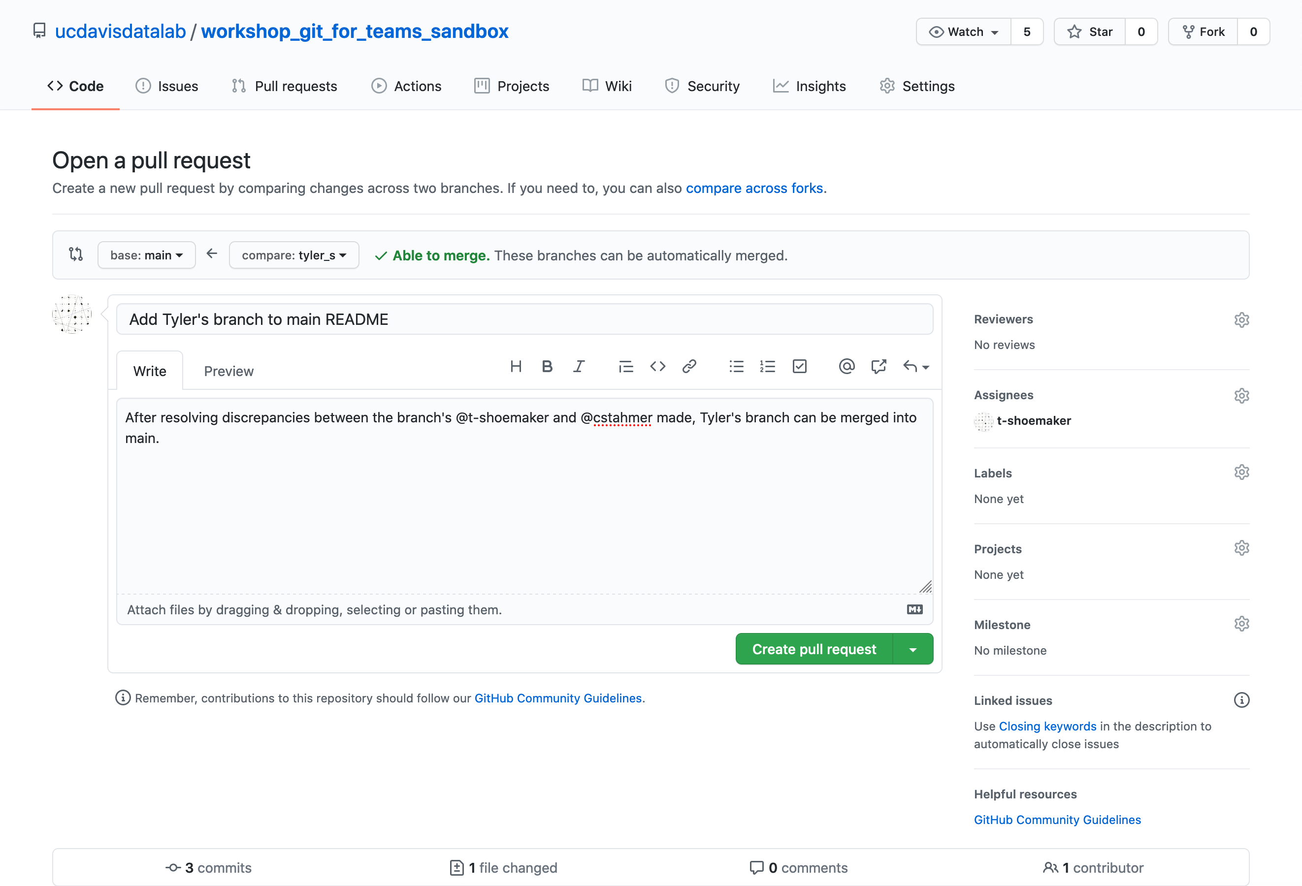 Entering information into the pull request template, which includes a title and comment.