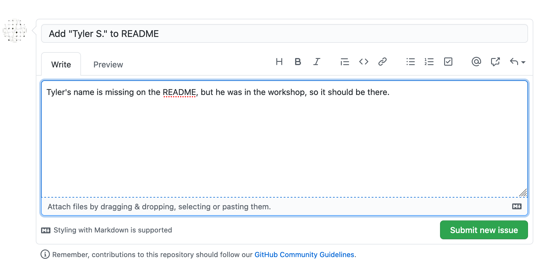 A new issue with the title and comment fields filled in.