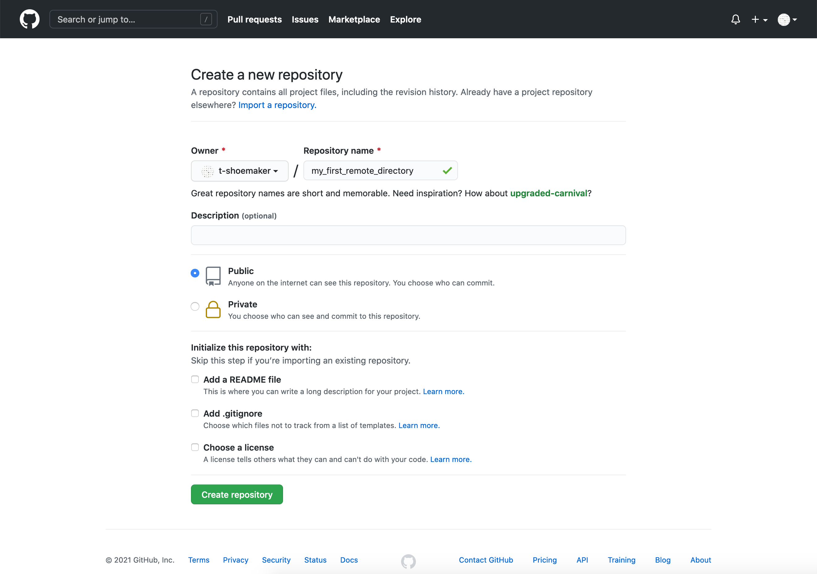 A repository template with the repository name filled out and the public setting on.