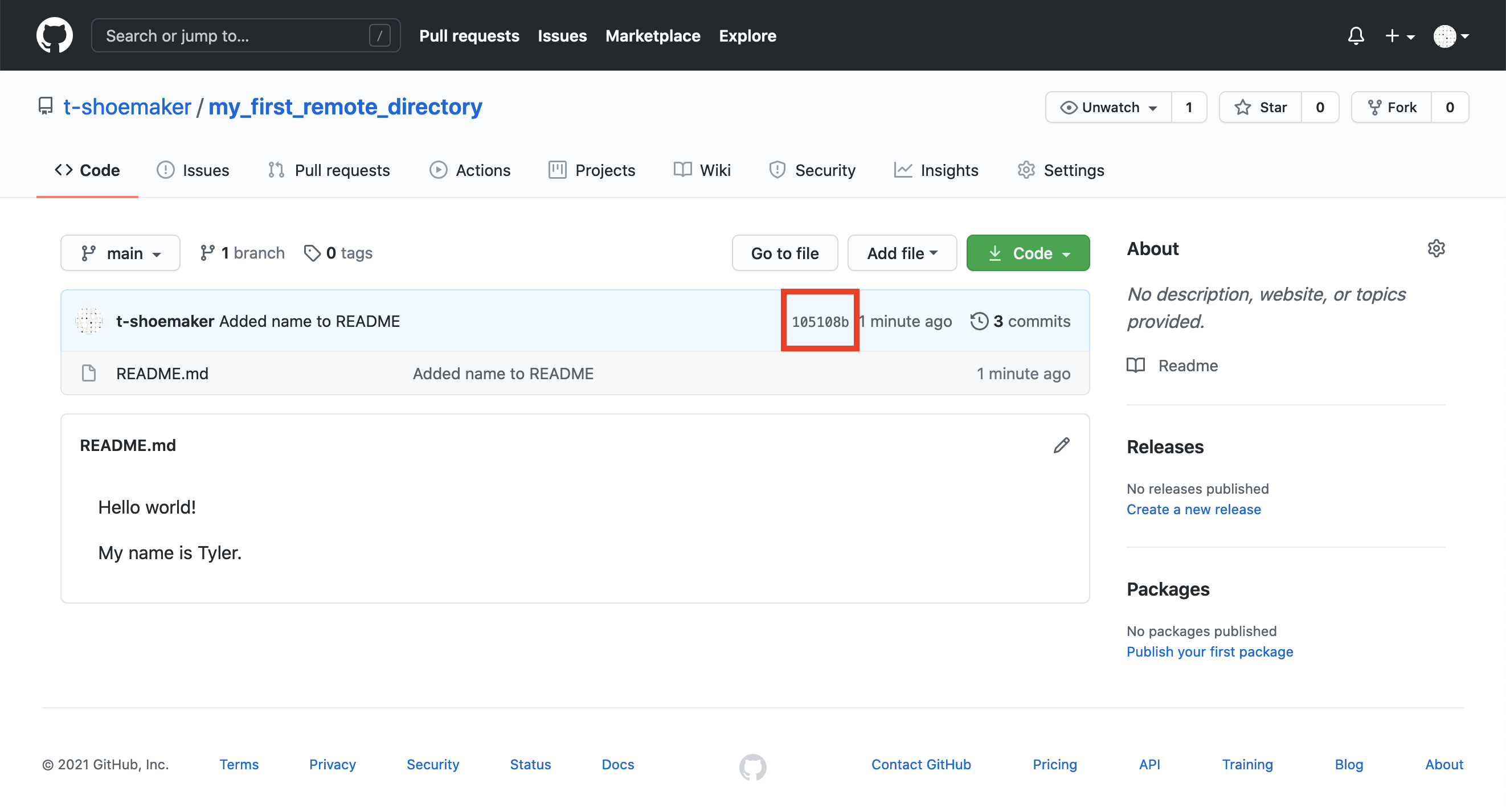 README.md remote page with a red box around the commit hash.