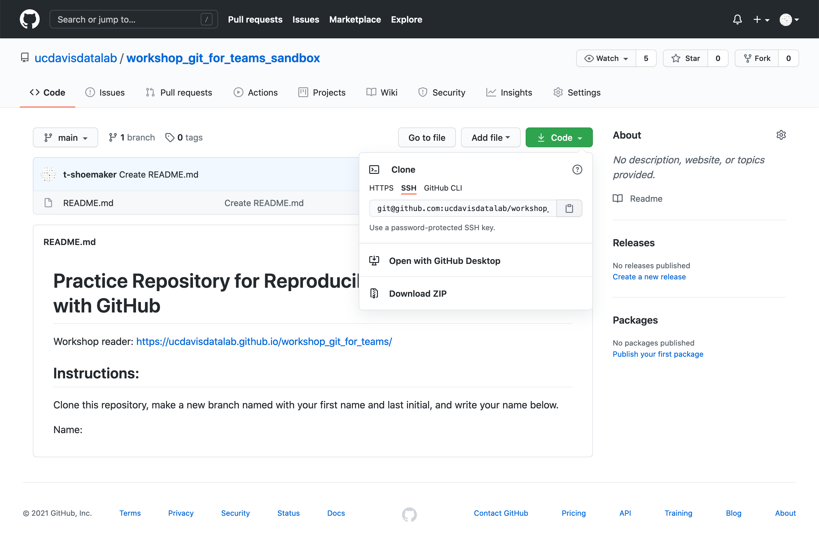 The sandbox repository on GitHub