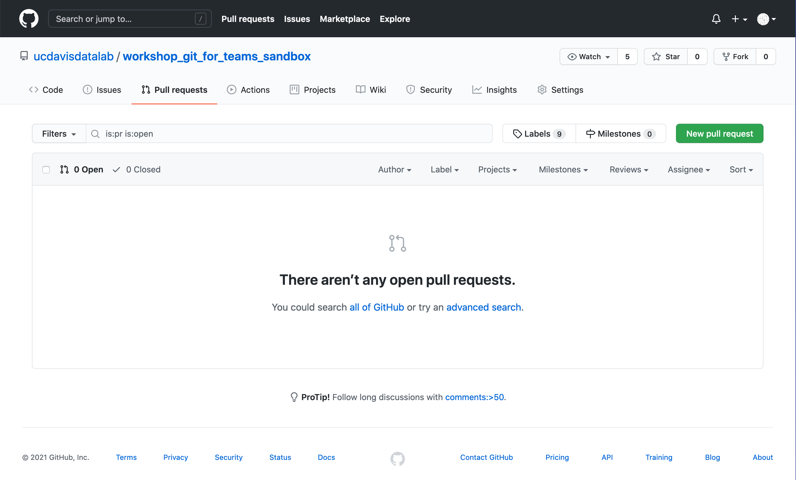 The sandbox repository on GitHub with the pull requests tab activated
