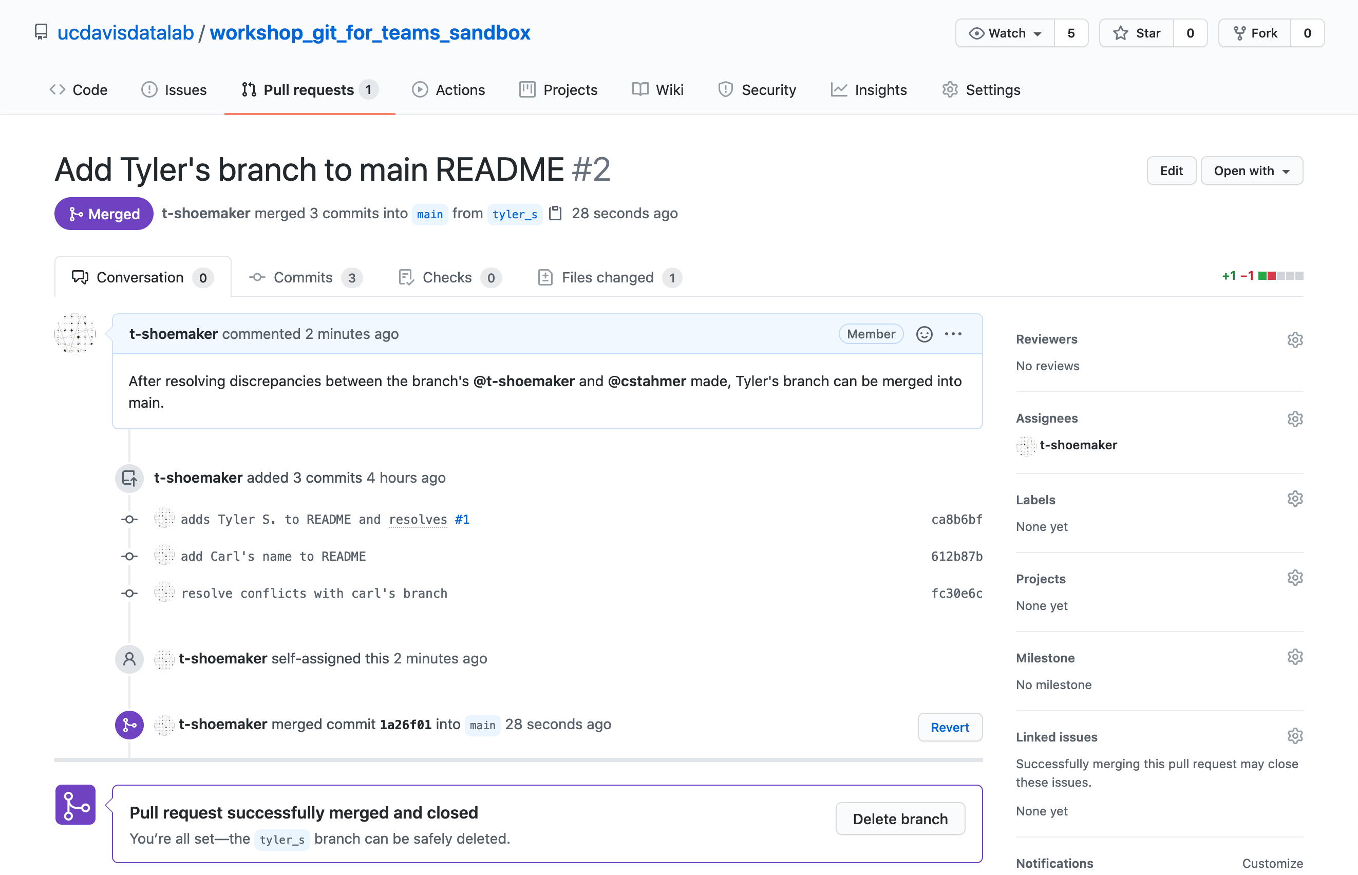 A merged pull request on GitHub, showing each of its commits and a message saying the pull request was successful