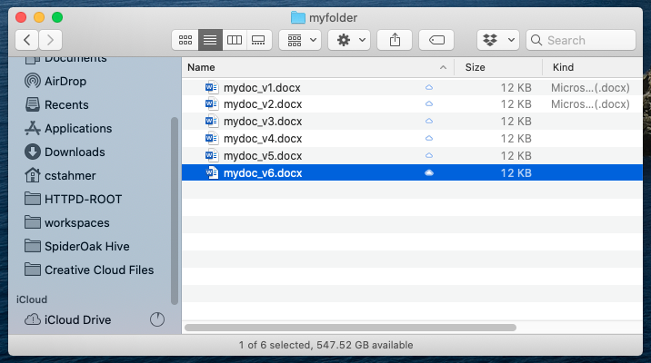 A finder window of .docx files labeled with different versions