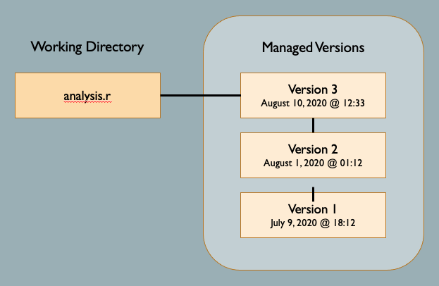 Diagram of analysis.r in a working directory referenced to its versions