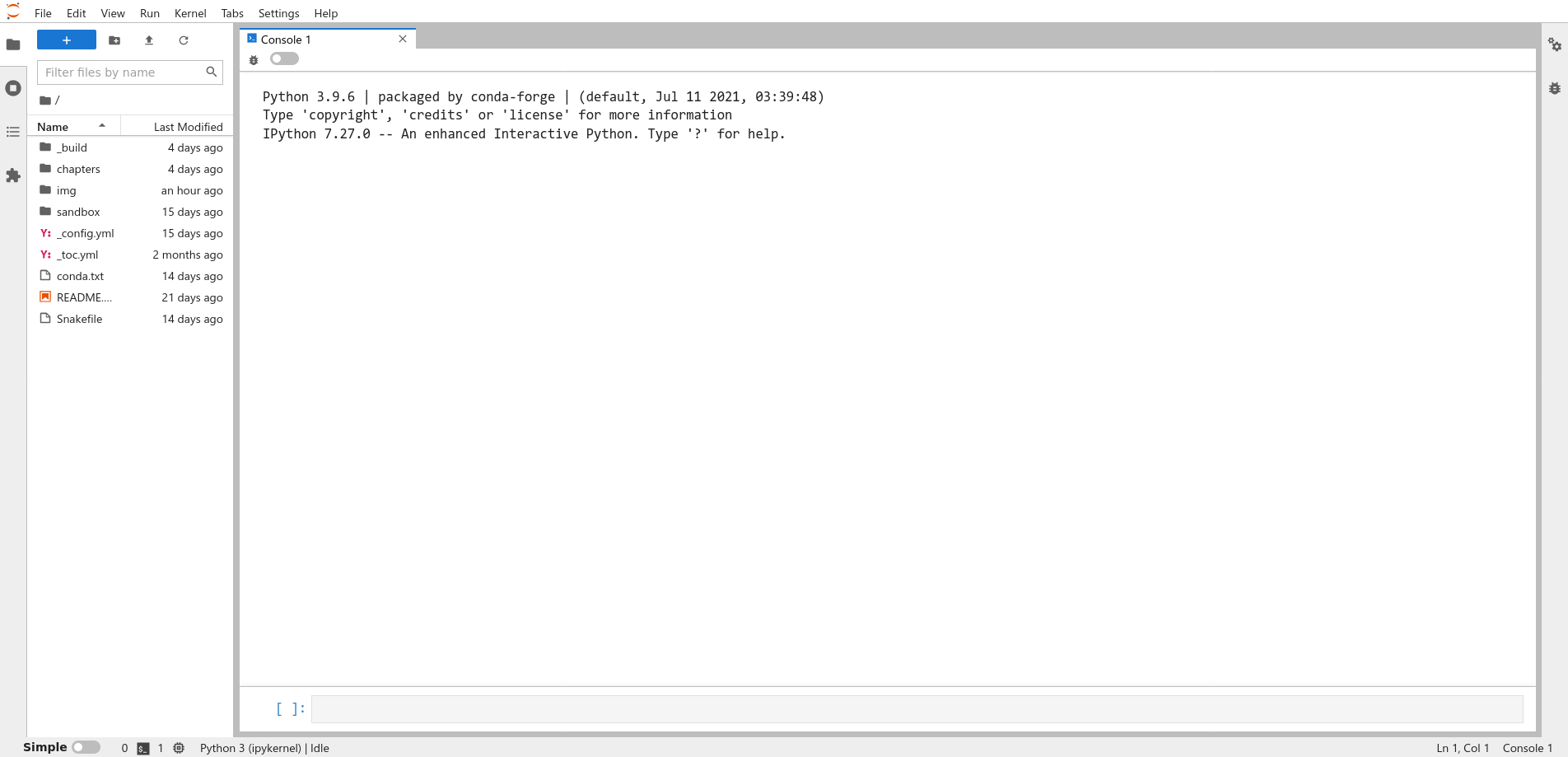 A Python console running in JupyterLab.