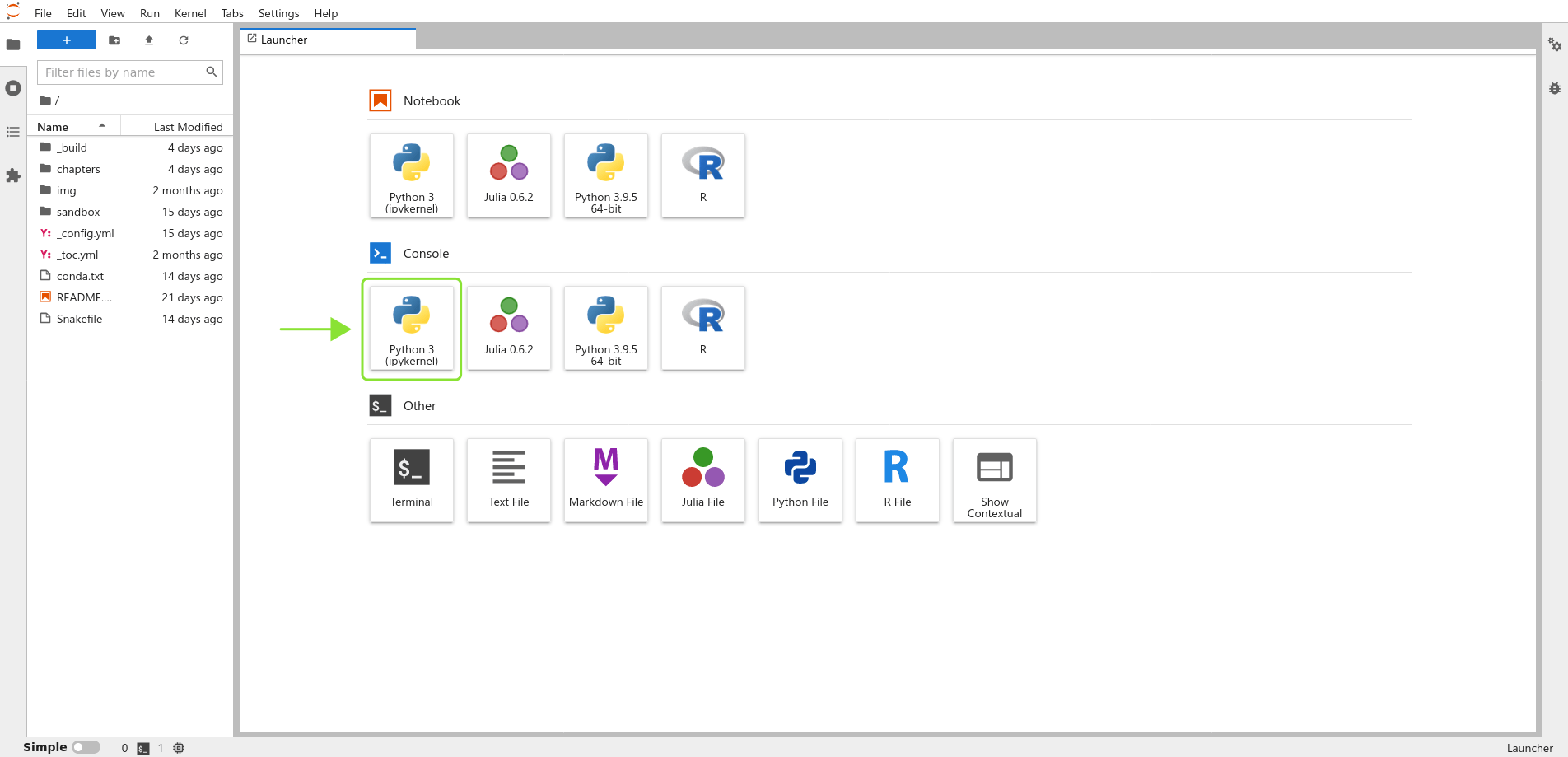 The JupyterLab startup screen with the console button highlighted.