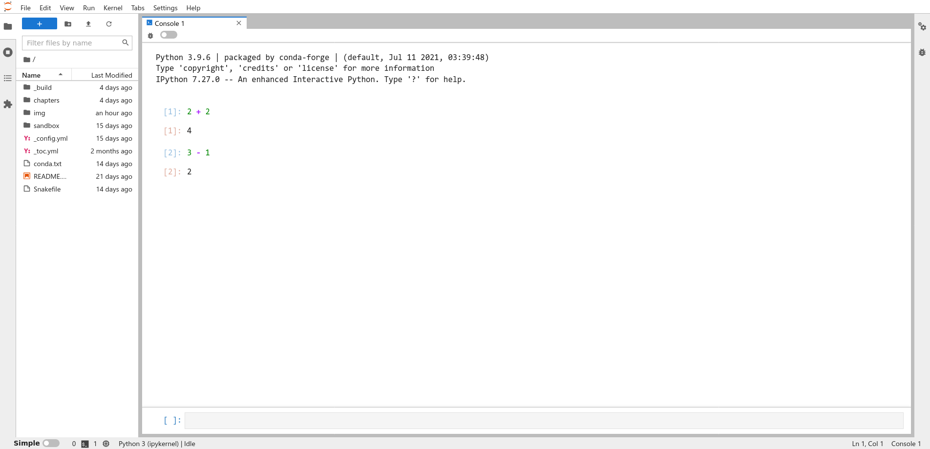 A Python console running in JupyterLab, showing the difference of two numbers.