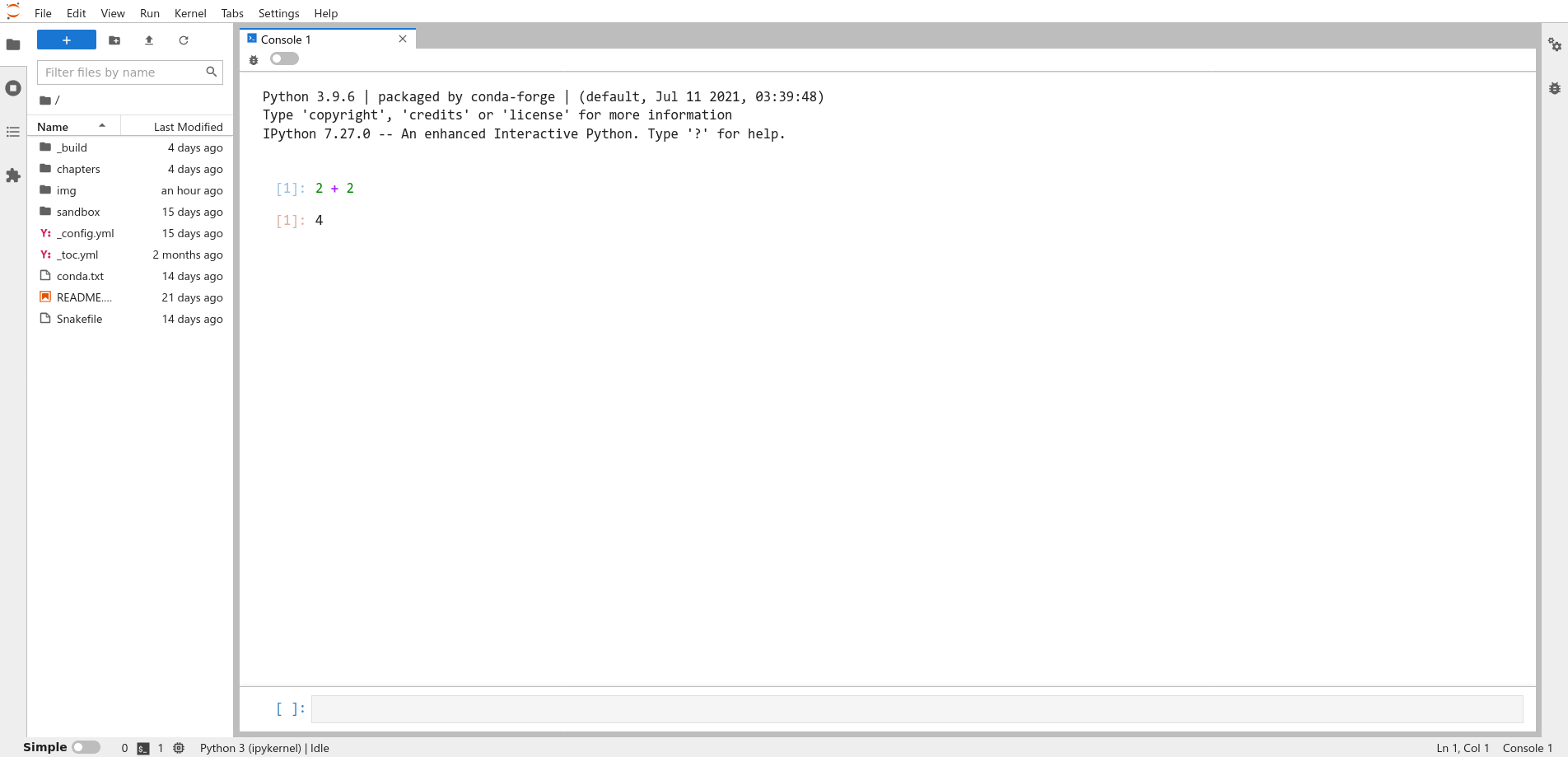 A Python console running in JupyterLab, showing the sum of two numbers.