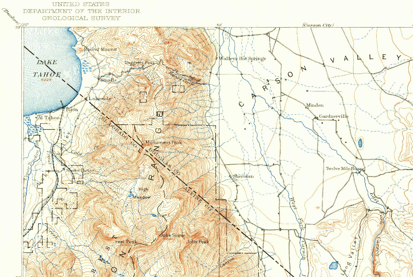 A clip of the northwest corner of the 1889 USGS Markleeville, CA topo map (1:125000 scale)