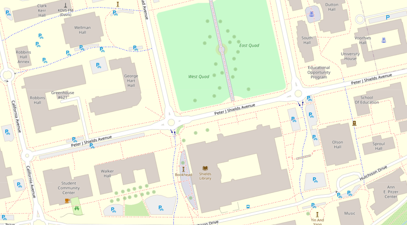 A screen shot of OpenStreetMap showing the area of the UC Davis campus around the Quad.